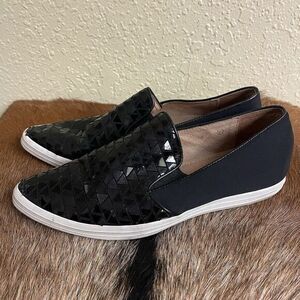 Anthropologie ALL BLACK  Euro 37 US 6.5 Leather Fabric Pointed Sneaker Geometric